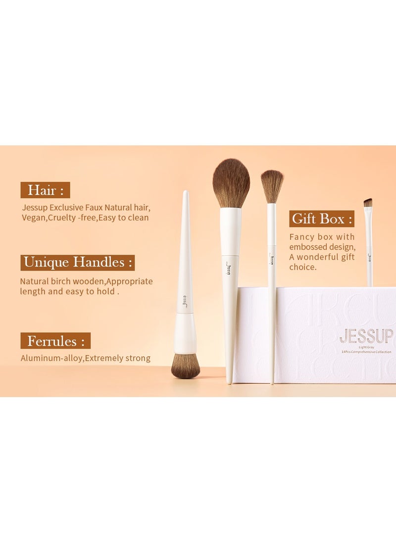 Jessup Vegan Makeup Brushes Set Professional Eco-friendly Synthetic Powder Foundation Highlight Concealer Eyeshadow Blending Eyebrow Liner Spoolie Brush Set Light Grey 14pcs T329