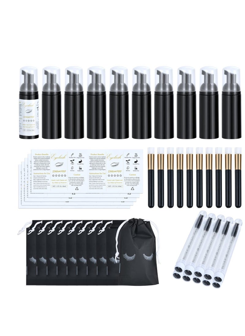 50 Pcs Lash Shampoo Bottle Brushes Set, Empty Lash Shampoo Bottles, Lash Shampoo Label Stickers, Mascara Wands and Tubes Eyelash Brush, Lash Cleansing Brushes, Bag for Lash Extensions Aftercare(Black)