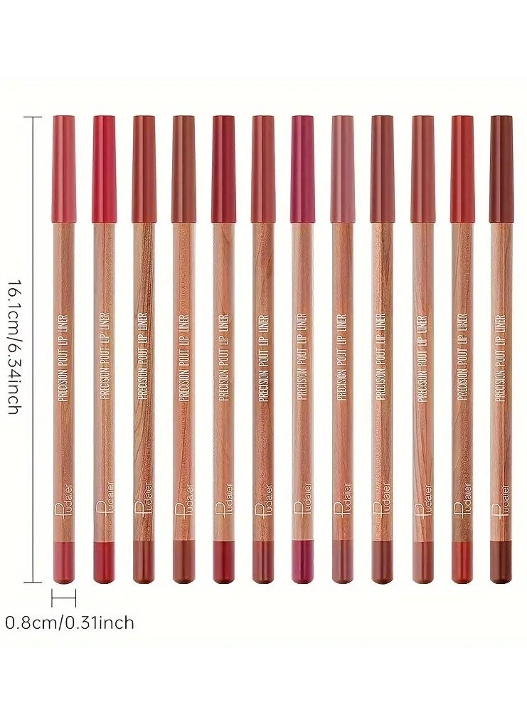 Pudaier Matte Lip Liner Set, 12 Colors, Long-Lasting, Non-Stick, Moisturizing Pencil Lip Makeup, All Skin Types, Diverse & Rich Color Palette