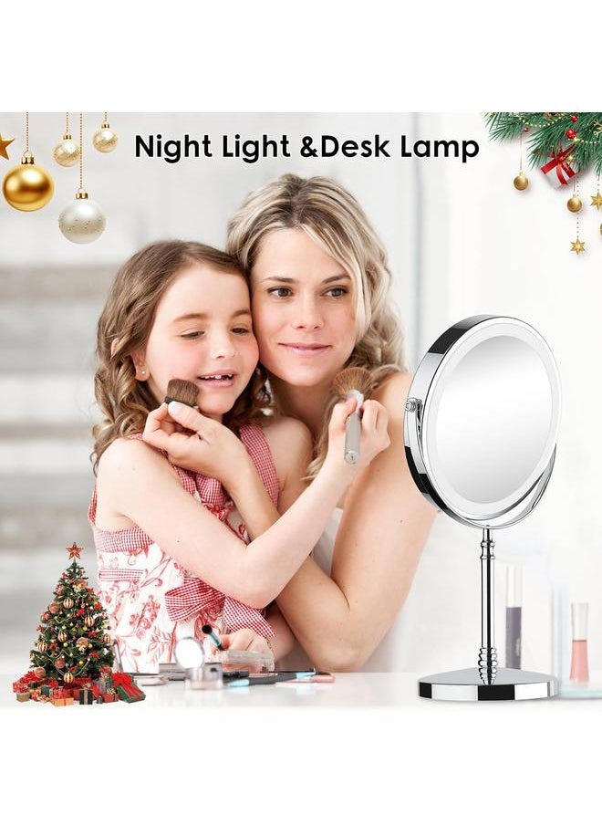 Lighted Makeup Mirror, 3000 mAh Rechargeable Double Sided Magnifying Mirror with 3 Colors, 1x/10x 360° Rotation Vanity Mirror, Brightness Adjustable Magnification Cosmetic Light up Mirror, Women Gift