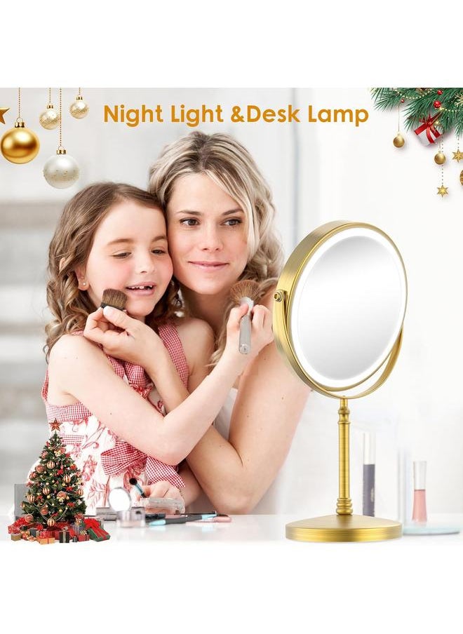 Lighted Makeup Mirror, 3000 mAh Rechargeable Double Sided Magnifying Mirror with 3 Colors, 1x/10x 360° Rotation Vanity Mirror, Brightness Adjustable Magnification Cosmetic Light up Mirror, Women Gift