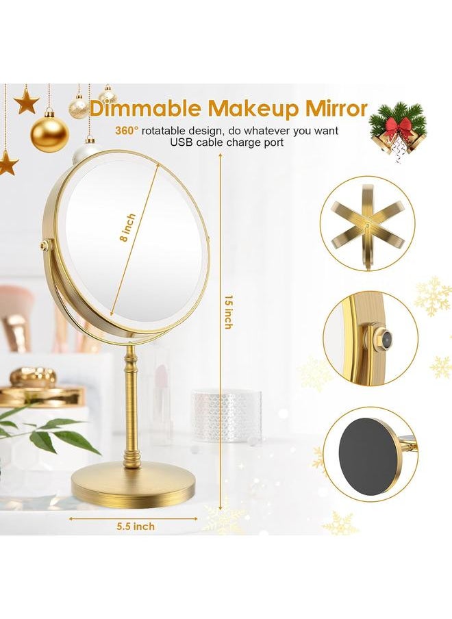 Lighted Makeup Mirror, 3000 mAh Rechargeable Double Sided Magnifying Mirror with 3 Colors, 1x/10x 360° Rotation Vanity Mirror, Brightness Adjustable Magnification Cosmetic Light up Mirror, Women Gift