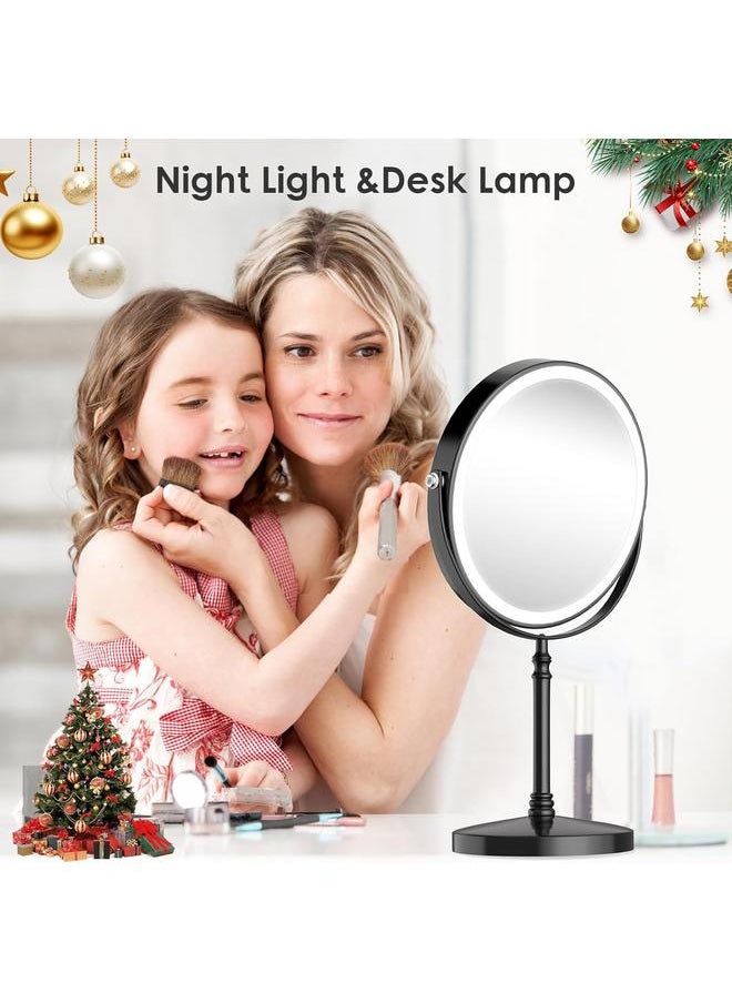 Lighted Makeup Mirror, 3000 mAh Rechargeable Double Sided Magnifying Mirror with 3 Colors, 1x/10x 360° Rotation Vanity Mirror, Brightness Adjustable Magnification Cosmetic Light up Mirror, Women Gift