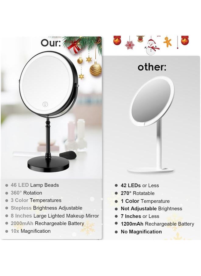 Lighted Makeup Mirror, 3000 mAh Rechargeable Double Sided Magnifying Mirror with 3 Colors, 1x/10x 360° Rotation Vanity Mirror, Brightness Adjustable Magnification Cosmetic Light up Mirror, Women Gift