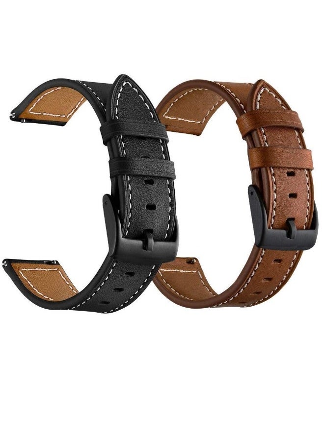 Compatible with Galaxy Watch 45mm/46mm Bands, 2 Pack Genuine Leather 22mm Watch Strap with Black Buckle, Compatible for Gear S3 Frontier Classic Smartwatch Brown+Black