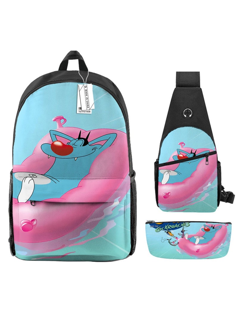 Backpack polyester schoolbag large-capacity cross-body bag student (new three-piece set)\\F07-: Cat and Mouse Wars