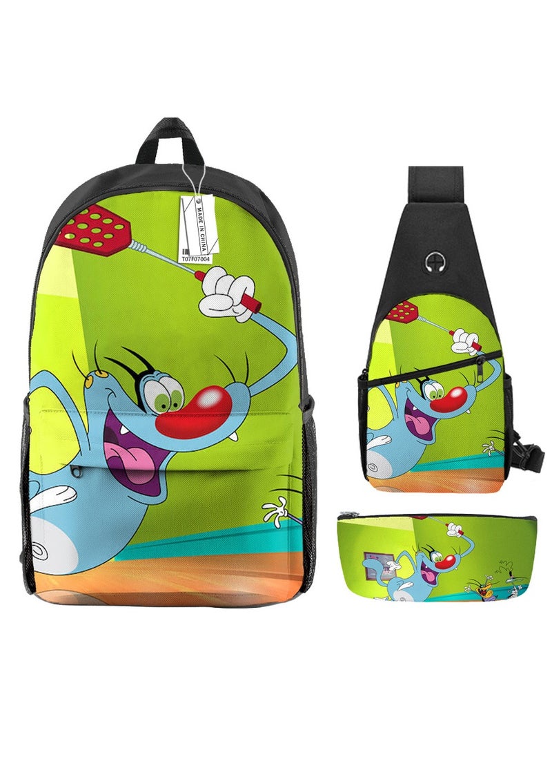 Backpack polyester schoolbag large-capacity cross-body bag student (new three-piece set)\\F07-: Cat and Mouse Wars