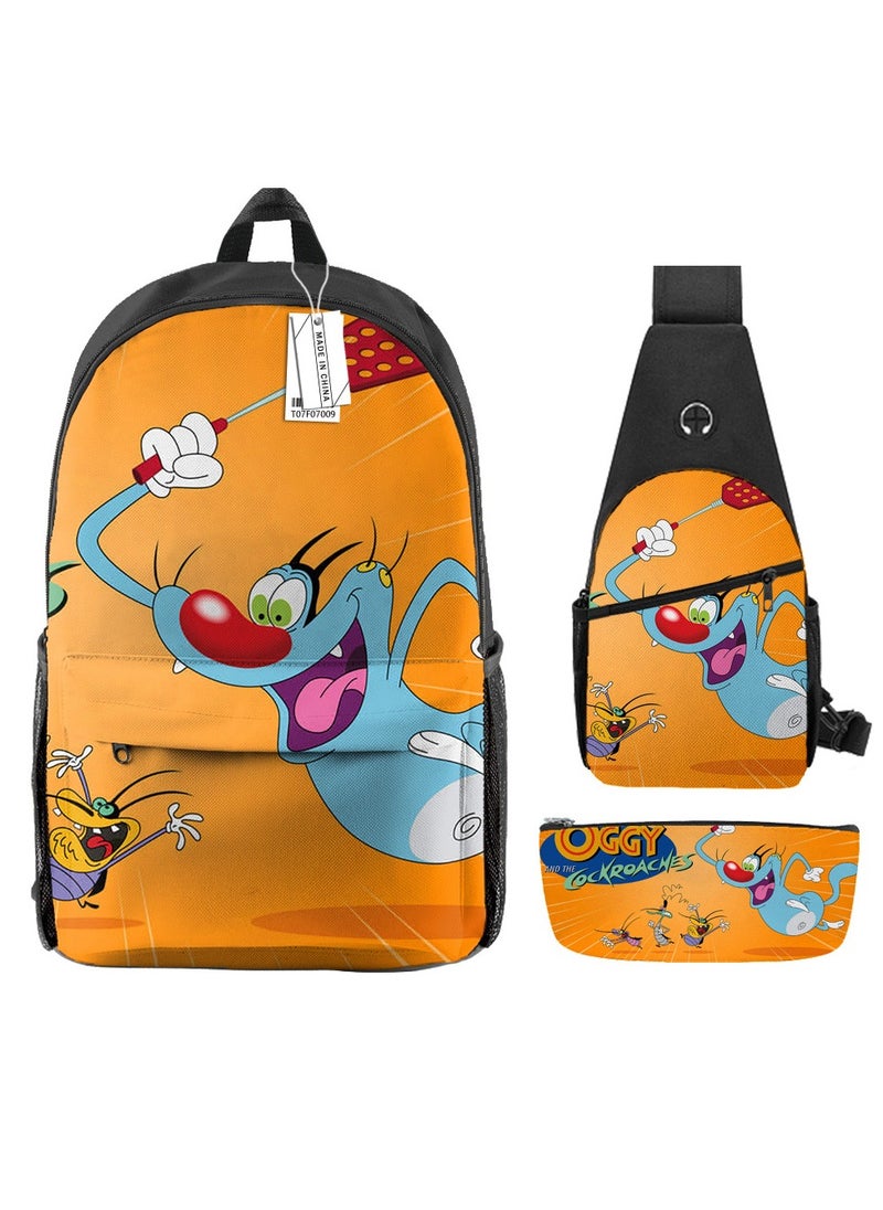 Backpack polyester schoolbag large-capacity cross-body bag student (new three-piece set)\\F07-: Cat and Mouse Wars