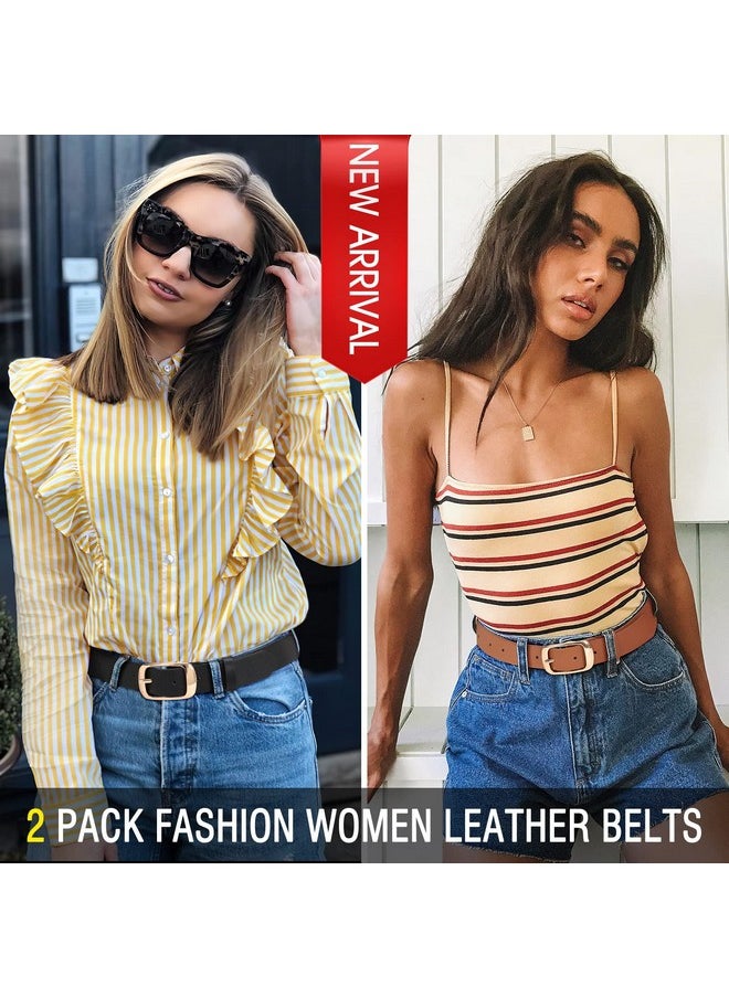 2 Pack Women Plus Size Leather Belts Fashion Cowhide Waist Belt With Solid Pin Buckle For Jeans Pants Dress