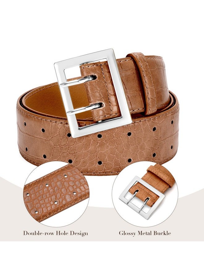 Women Wide Leather Belt For Jeans Dress Fashion Buckle Ladies Waist Thick Belt,Brown-Silver Buckle,S