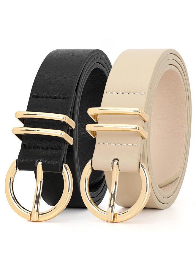 2 Pack Womens Leather Belts For Jeans Dress Pants Fashion Plus Size Ladies Black Waist Belt With Gold Buckle