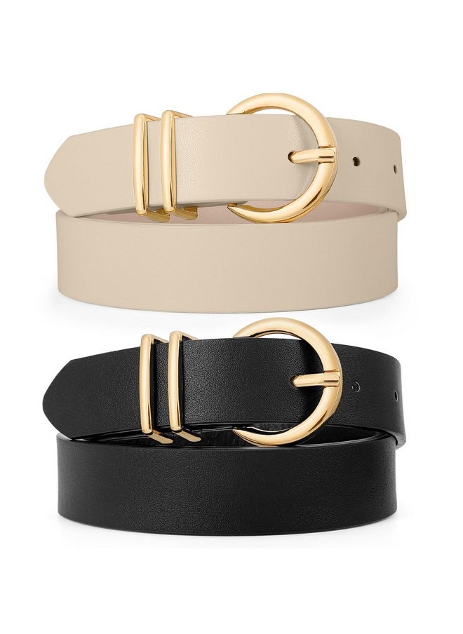 2 Pack Womens Leather Belts For Jeans Dress Pants Fashion Plus Size Ladies Black Waist Belt With Gold Buckle