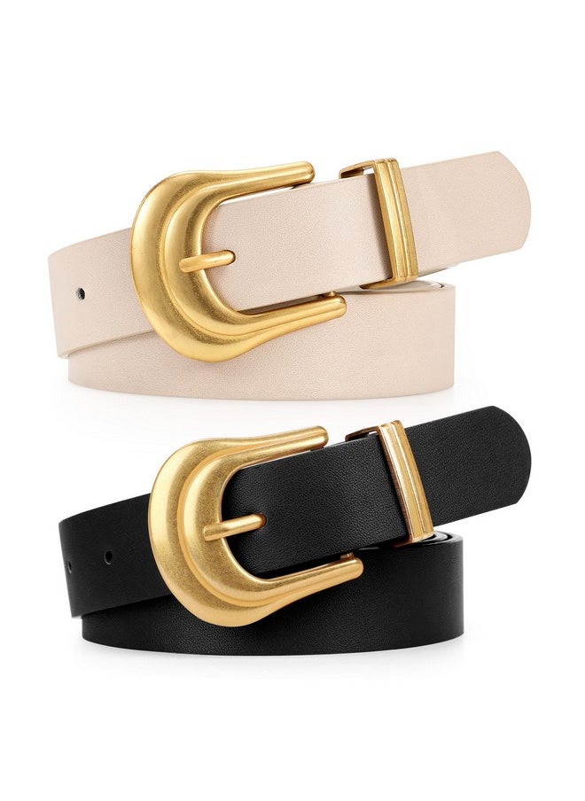 2 Pack Women'S Leather Belts For Jeans Western Belt Ladies Wsit Belt With Gold Silver Buckle