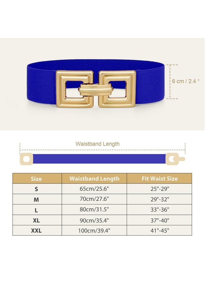 Women Wide Elastic Waist Belt Fashion Hollow Out Square Gold Buckle Stretchy Belt Waistband For Ladies, Blue, Xxl