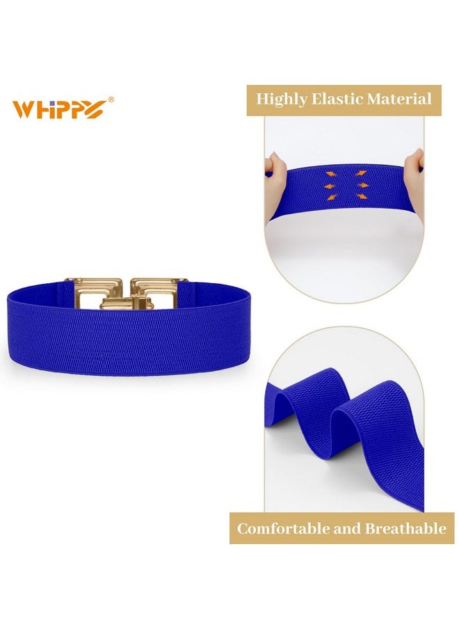 Women Wide Elastic Waist Belt Fashion Hollow Out Square Gold Buckle Stretchy Belt Waistband For Ladies, Blue, Xxl