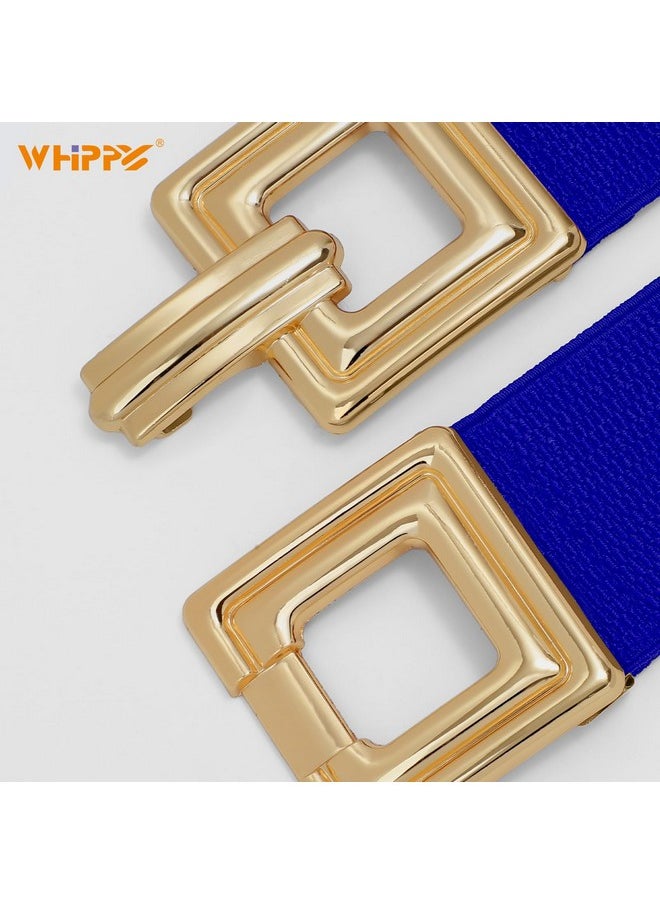 Women Wide Elastic Waist Belt Fashion Hollow Out Square Gold Buckle Stretchy Belt Waistband For Ladies, Blue, Xxl