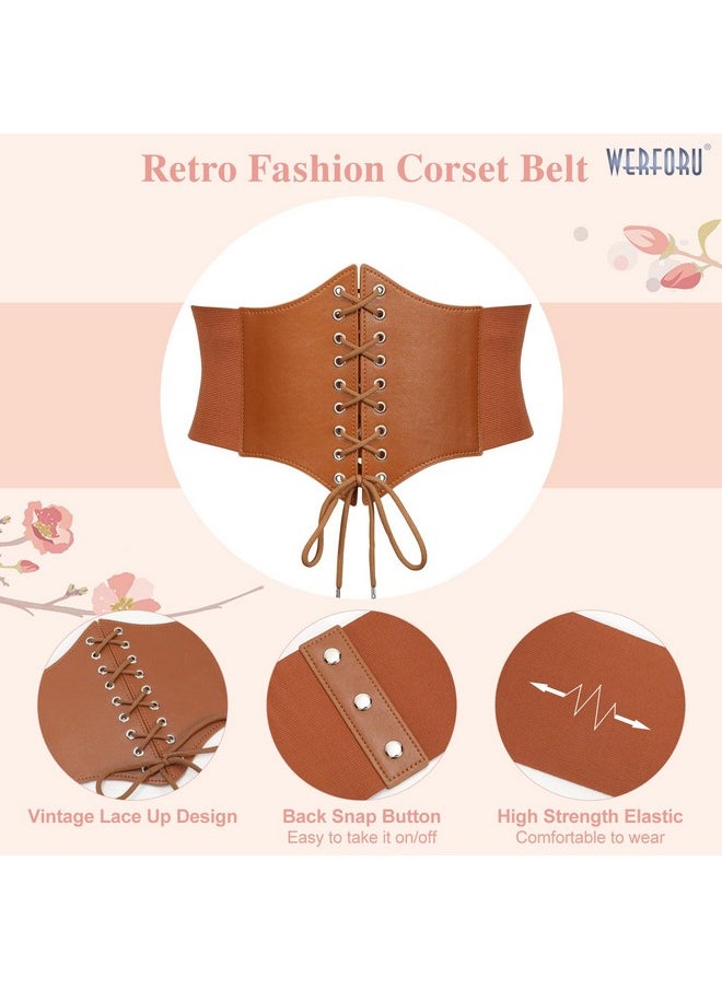 Women Corset Elastic Belt Wide Vintage Lace-Up Tied Costume Waspie Waist Belt (Brown, Suit Waist Size 36”-41