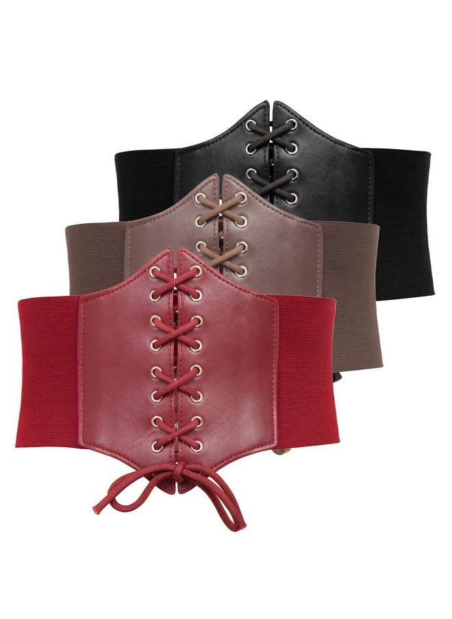 Women Elastic Faux Leather Belt Fashion Cincher Belt Corset 3 Pieces(Xl, Black + Coffee + Red)