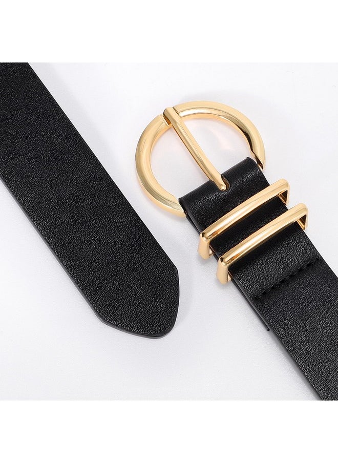 2 Pack Womens Leather Belts For Jeans Dress Pants Fashion Plus Size Ladies Black Waist Belt With Gold Buckle