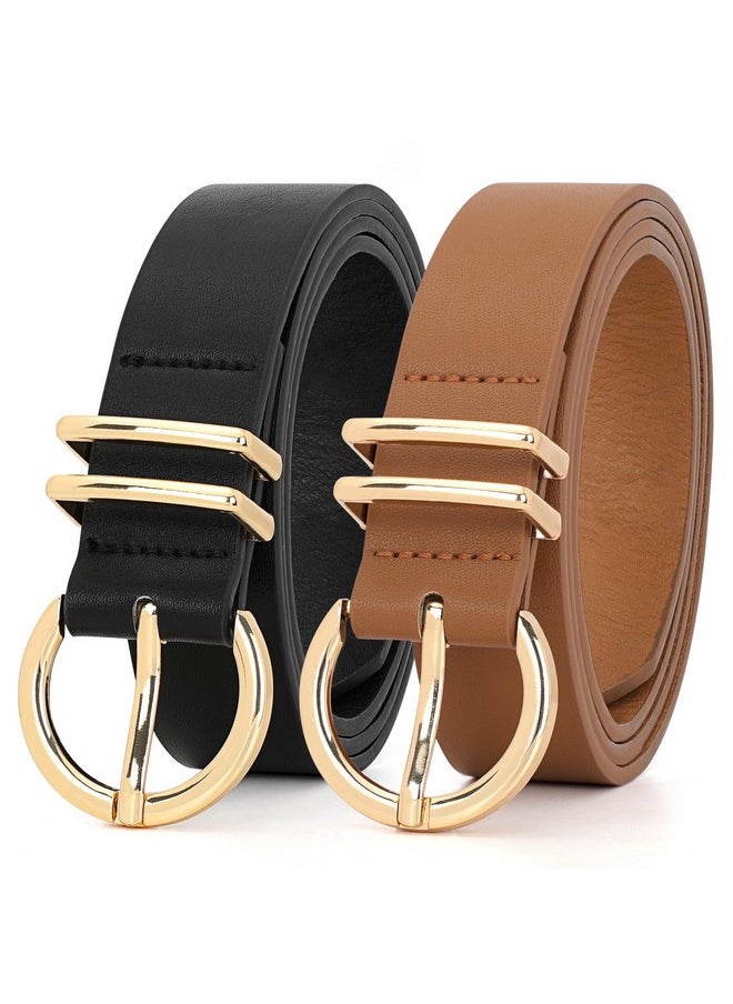 2 Pack Womens Leather Belts For Jeans Dress Pants Fashion Plus Size Ladies Black Waist Belt With Gold Buckle