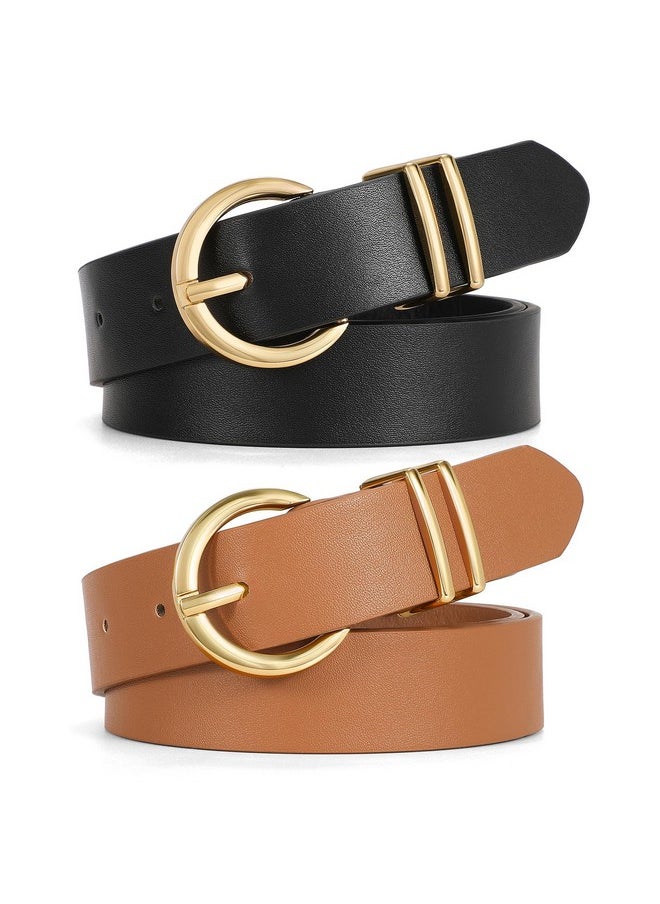 2 Pack Womens Leather Belts For Jeans Dress Pants Fashion Plus Size Ladies Black Waist Belt With Gold Buckle