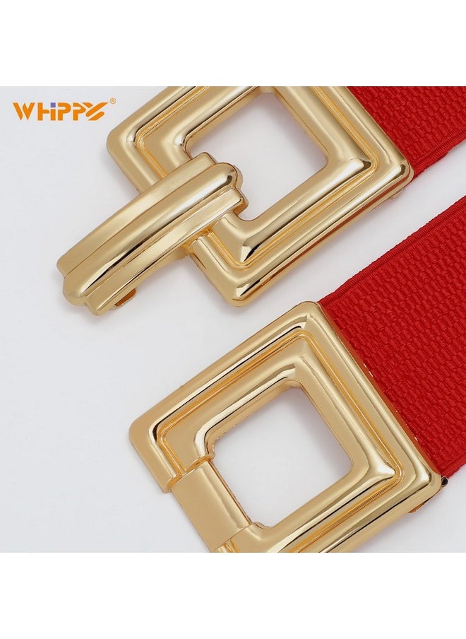 Women Wide Elastic Waist Belt Fashion Hollow Out Square Gold Buckle Stretchy Belt Waistband For Ladies, Red, Xxl