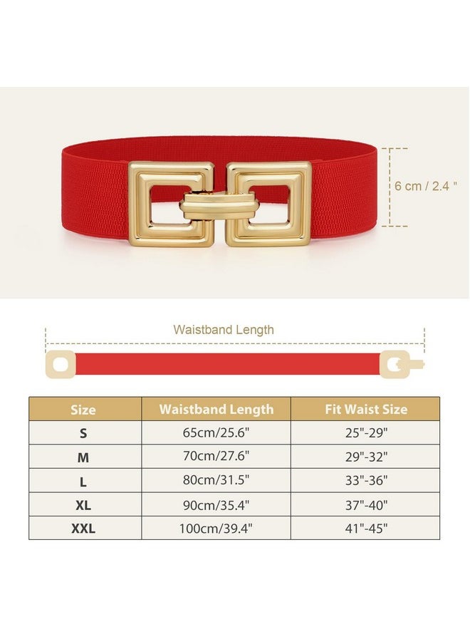 Women Wide Elastic Waist Belt Fashion Hollow Out Square Gold Buckle Stretchy Belt Waistband For Ladies, Red, Xxl