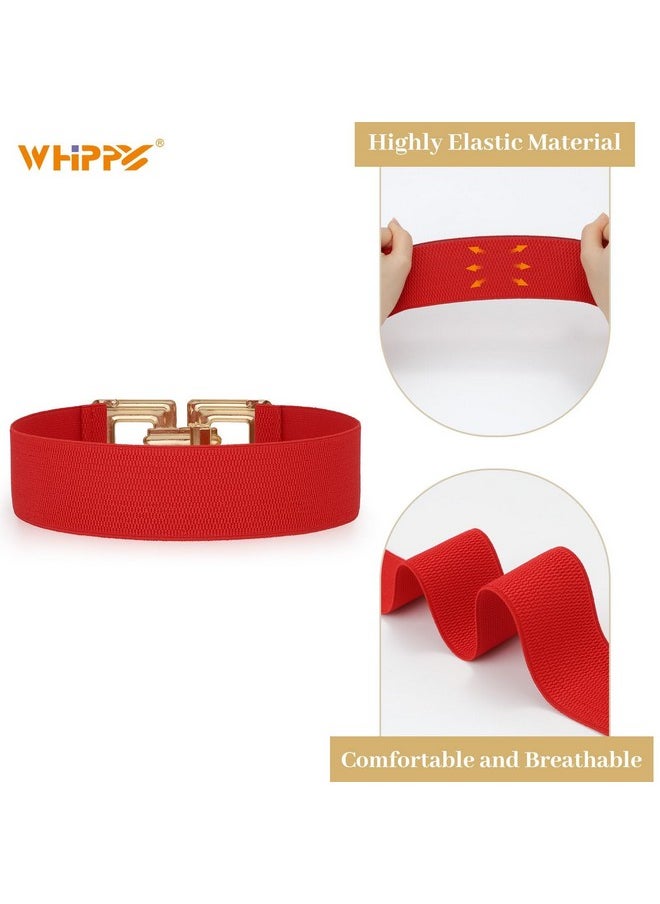 Women Wide Elastic Waist Belt Fashion Hollow Out Square Gold Buckle Stretchy Belt Waistband For Ladies, Red, Xxl