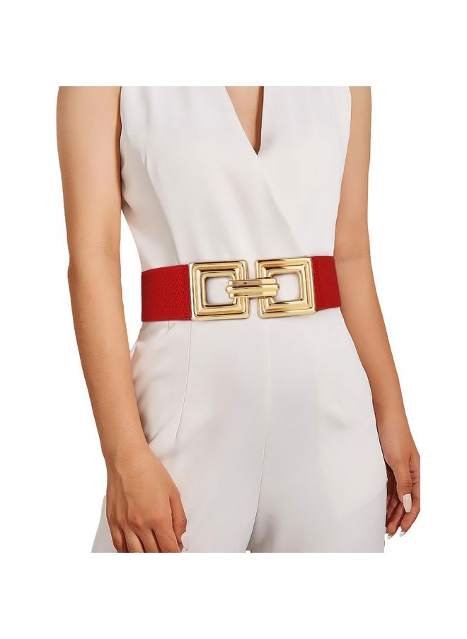 Women Wide Elastic Waist Belt Fashion Hollow Out Square Gold Buckle Stretchy Belt Waistband For Ladies, Red, Xxl