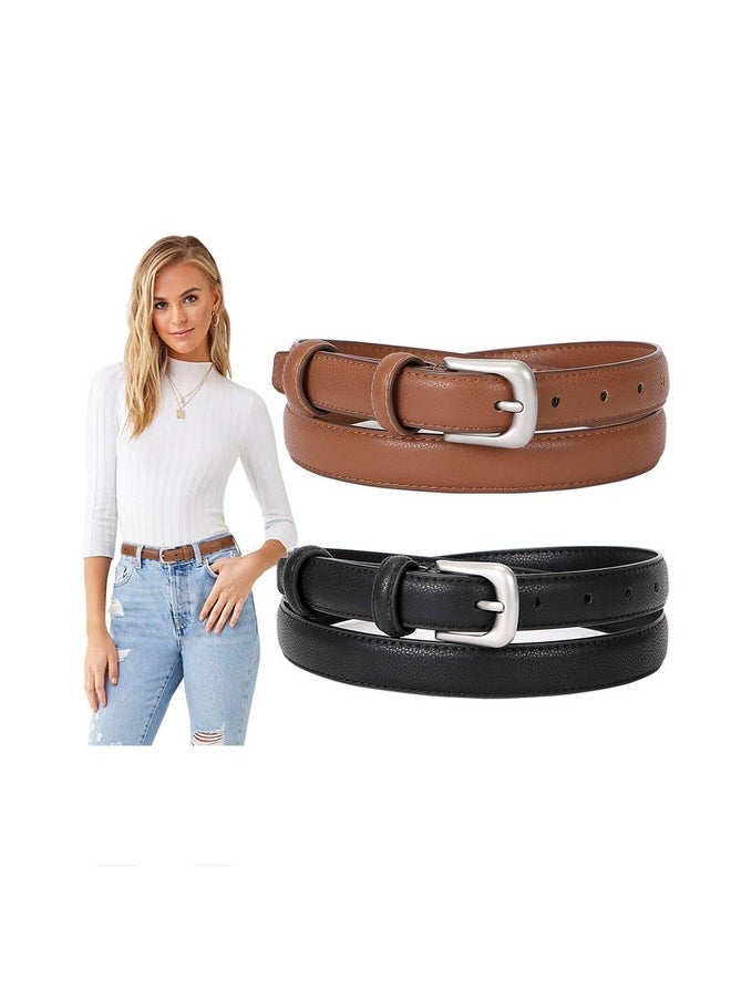 2 Pack Ladies Skinny Thin Leather Belts For Women Jeans With Pin Alloy Buckle Fashion Waist Belt For Dress Pants Formal Casual,Black And Brown