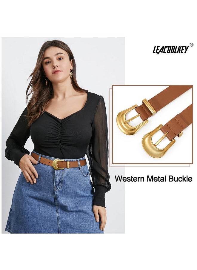 2 Pack Women'S Leather Belts For Jeans Western Belt Ladies Wsit Belt With Gold Silver Buckle