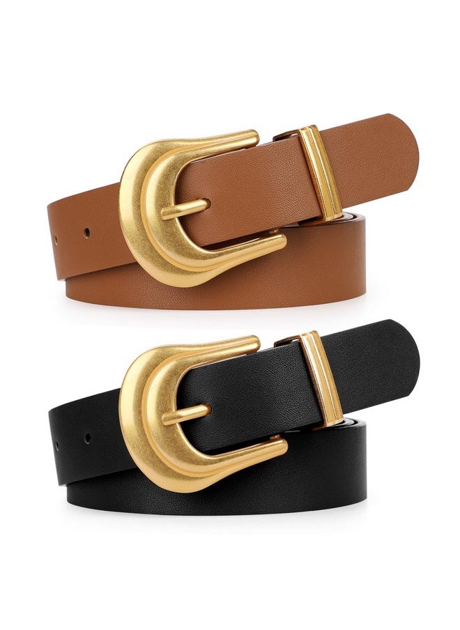 2 Pack Women'S Leather Belts For Jeans Western Belt Ladies Wsit Belt With Gold Silver Buckle