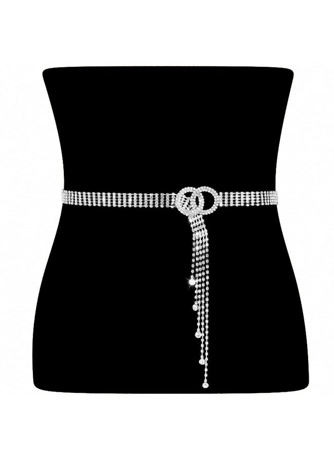 Women Rhinestone Belt Silver Shiny Diamond Fashion Crystal Ladies Double O-Ring Waist Belt For Dresses