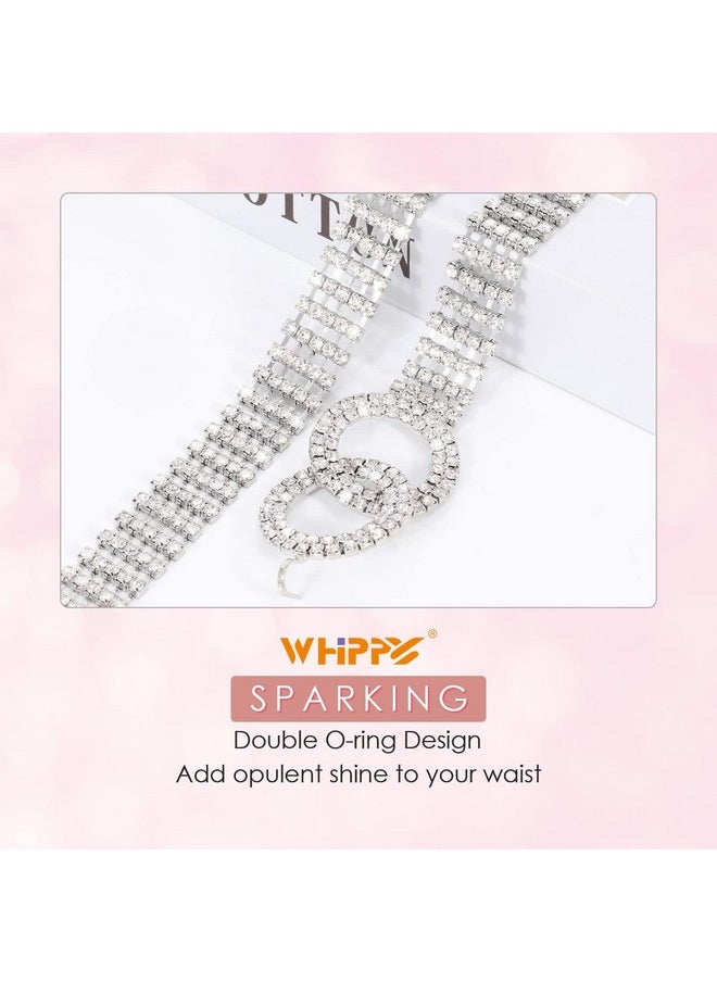 Women Rhinestone Belt Silver Shiny Diamond Fashion Crystal Ladies Double O-Ring Waist Belt For Dresses