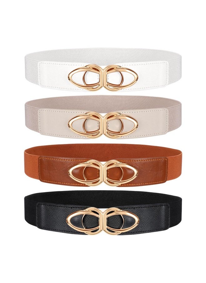 Women Thin Elastic Belts,Skinny Stretch Vintage Fashion Waistband For Dress With Gold Buckle 4 Pack