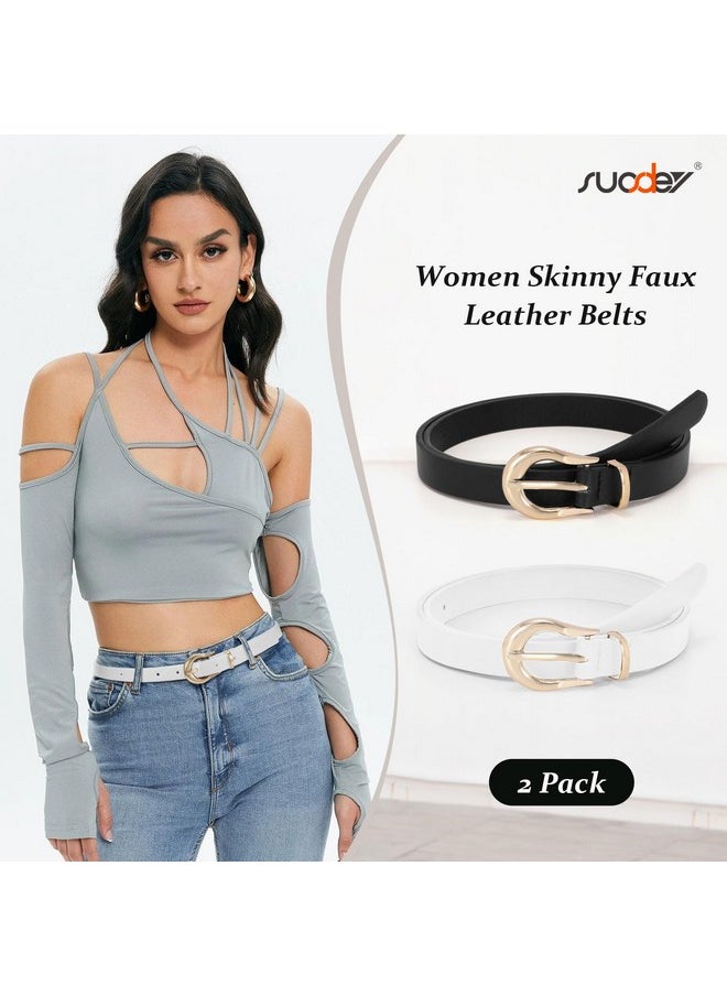 2 Pack Women Skinny Belt Thin Waist Belt Black White With Fashion Gold Buckle For Pants Jeans Dresses