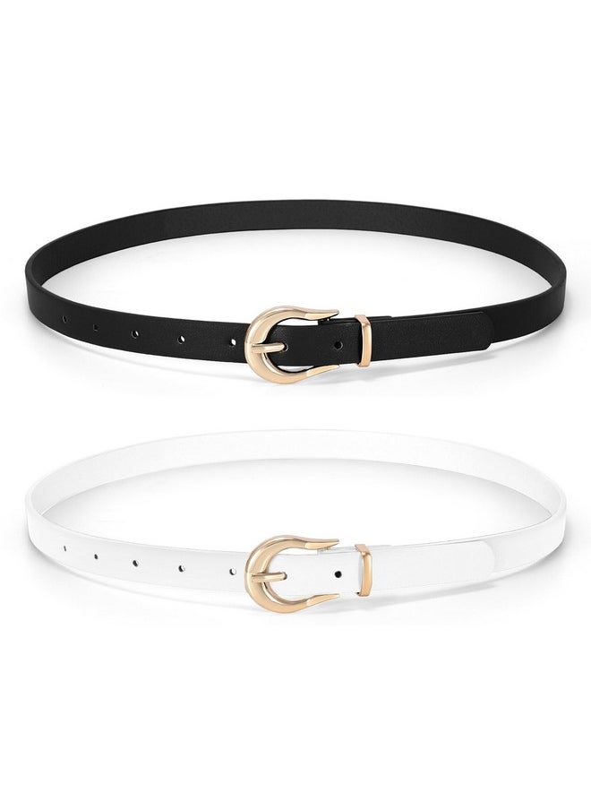 2 Pack Women Skinny Belt Thin Waist Belt Black White With Fashion Gold Buckle For Pants Jeans Dresses