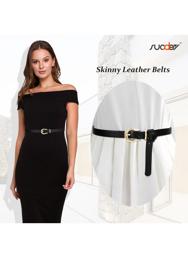 2 Pack Women Skinny Belt Thin Waist Belt Black White With Fashion Gold Buckle For Pants Jeans Dresses