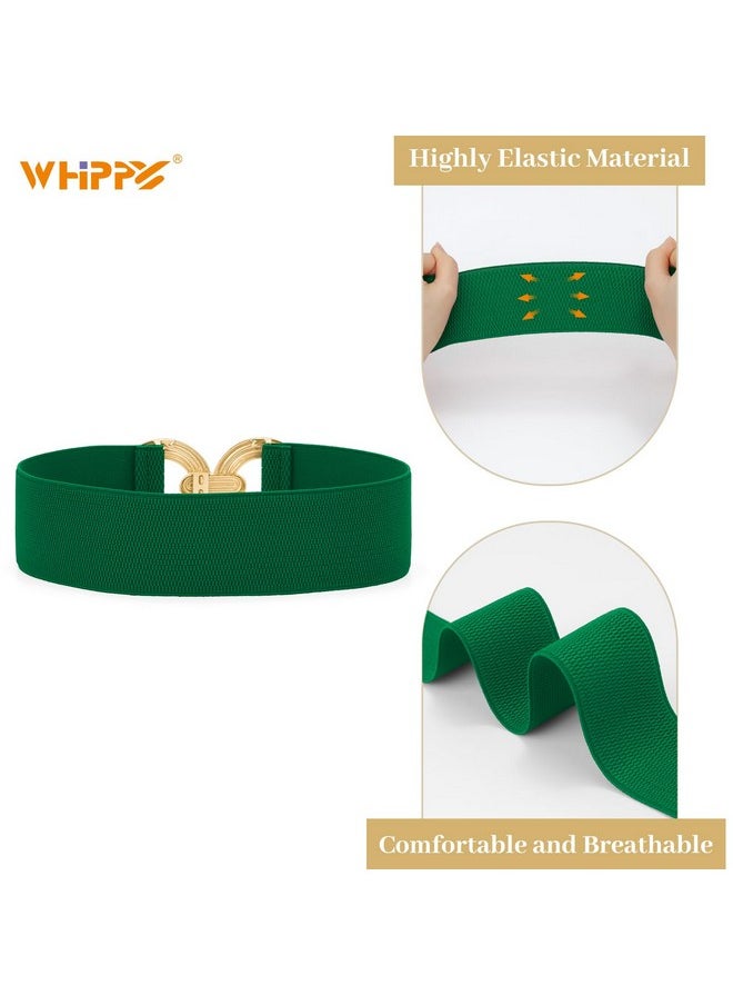 Women Wide Elastic Waist Belt Fashion Hollow Out Round Gold Buckle Stretchy Belt Waistband For Ladies, Green, S