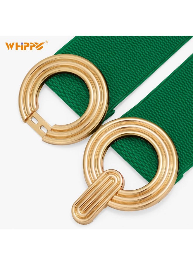 Women Wide Elastic Waist Belt Fashion Hollow Out Round Gold Buckle Stretchy Belt Waistband For Ladies, Green, S