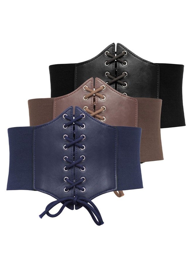 Womens Pu Leather High Waist Belt Wide Elastic Stretch Cincher Corset Lace Up Band 3 Pieces(S, Black + Coffee + Navy Blue)