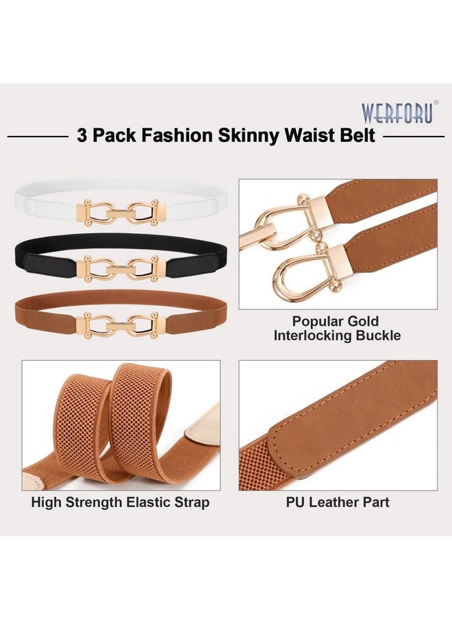 3 Pack Women Ladies Skinny Elastic Waist Belt Gold Buckle Stretchy Thin Belt For Dress Jeans,Black+Brown+White