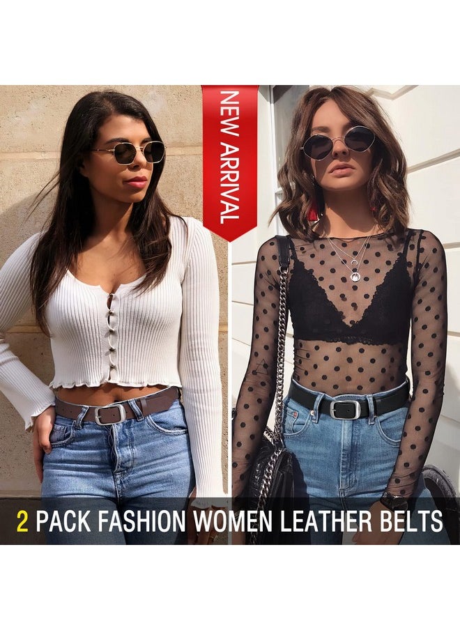 2 Pack Women Plus Size Leather Belts Fashion Cowhide Waist Belt With Solid Pin Buckle For Jeans Pants Dress