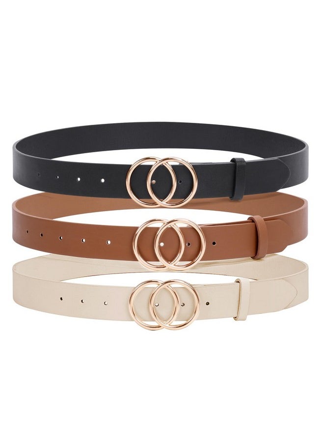 3 Pack Womens Fashion Leather Belts For Jeans Dresses Pants Black Brown Beige Ladies Belts With Gold Buckle