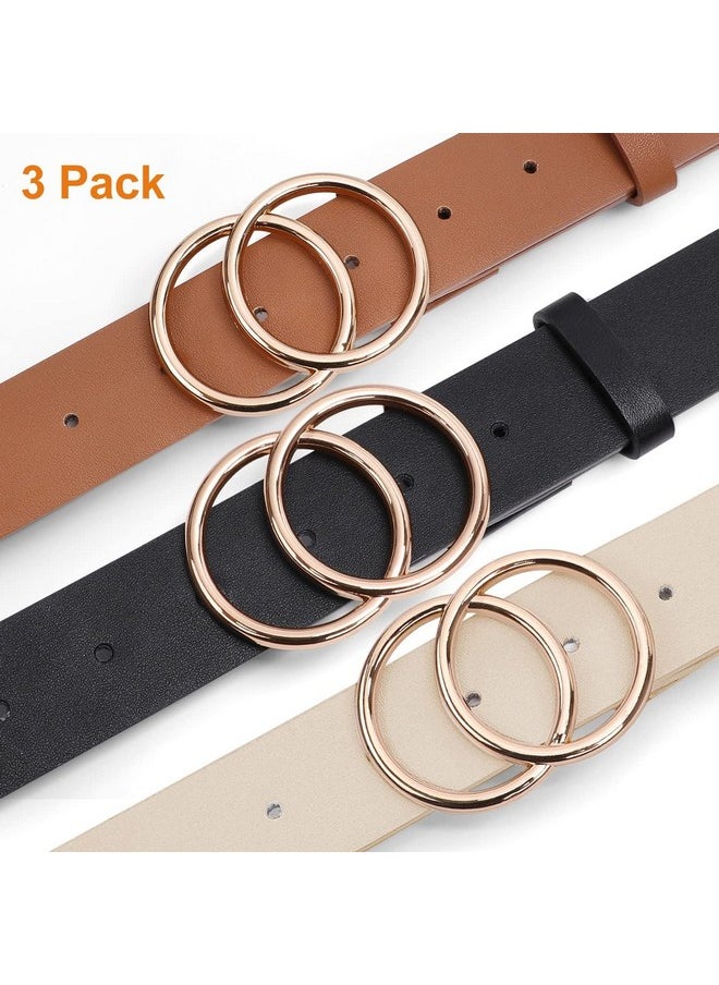 3 Pack Womens Fashion Leather Belts For Jeans Dresses Pants Black Brown Beige Ladies Belts With Gold Buckle