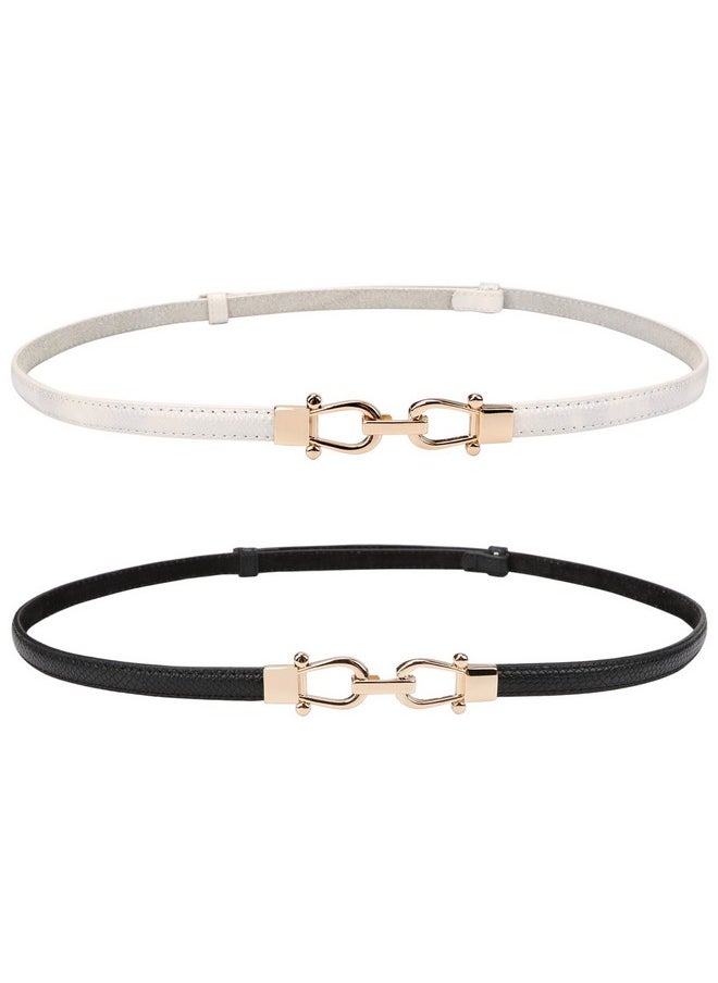 Leather Skinny Women Belt Thin Waist Belts For Dresses Up To 37 Inches With Golden Buckle 2 Pack(Black+White,Waist Size Below 37 Inches)