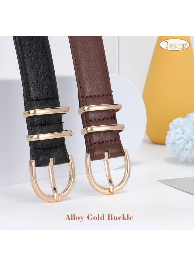 2 Pack Women Leather Belt For Jeans Fashion Ladies Belts For Pants Dresses With Gold Buckle