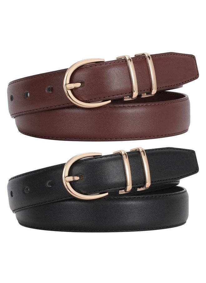 2 Pack Women Leather Belt For Jeans Fashion Ladies Belts For Pants Dresses With Gold Buckle