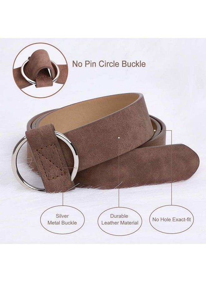 Women Leather Belt No Pin Circle Buckle Fashion Waist Belt For Jean Dress Coffee Round Buckle 120Cm