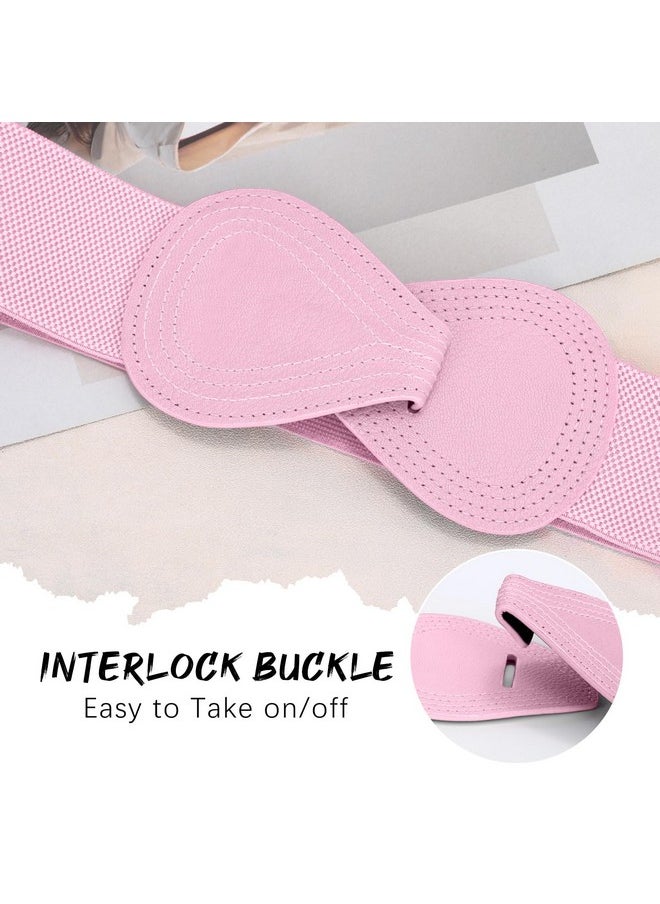 Women Wide Elastic Belt Ladies Stretchy Dress Belt Fashion Waistband With 8-Shaped Interlock Leather Buckle, Pink, Fit Waist Size 35